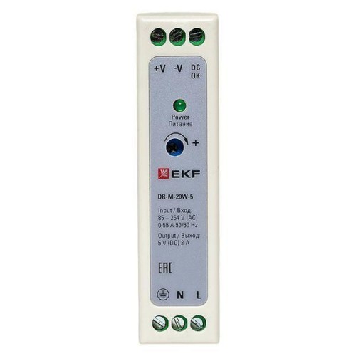 Блок питания на DIN рейку 20Вт Uвх 220В AC m Uвых - 5В DC постоянного тока EKF DR-M-20W-5