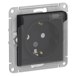 Розетка 1-м СП AtlasDesign Aqua 16А IP44 с заземл. защ. шторки с прозр. крышкой механизм карбон SE A