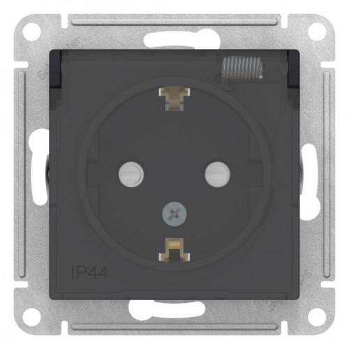 Розетка 1-м СП AtlasDesign Aqua 16А IP44 с заземл. защ. шторки с прозр. крышкой механизм карбон SE A