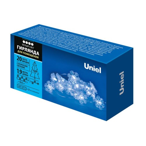 Гирлянда ULD-S1900-020/STB/2AA WHITE IP20 SNOWFLAKES MINI "Снежинки мини" 2AA (не в/к) 1.9м 20 LED п