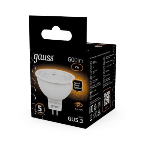 Лампа светодиодная Black 7Вт MR16 софит 3000К тепл. бел. GU5.3 600лм GAUSS 101505107