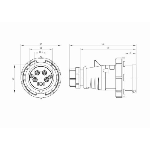 Вилка кабельная CP IP67 16А 3P+E+N 400В с фазоинвертером DKC CP656-016-40-RP