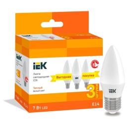 Лампа светодиодная C35 свеча 7Вт 230В 3000К E14 (уп.3шт) IEK LLE-C35-07-230-30-E14-3