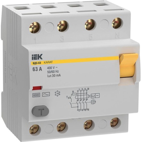 Выключатель дифференциального тока (УЗО) 4п 63А 30мА 6кА тип AC ВД3-63 KARAT IEK MDV20-4-063-030