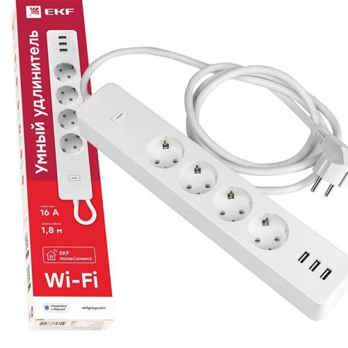 Удлинитель умный 4х1.8м 16А IP20 Connect Wi-Fi 3хUSB с выкл. с управлением по Wi-Fi PROxima EKF RCE-1-WF