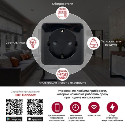 Розетка умная Wi-Fi PRO 1-м 16А IP20 черн. Connect EKF RCS-2-WF