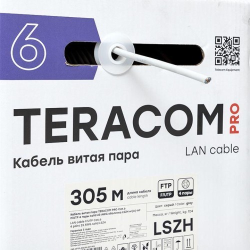 Кабель витая пара F/UTP кат.6 4 пары solid 23AWG оболочка LSZH нг(А)-HF TERACOM PRO сер. (уп.305м) EKF TRP-6FTP-04LSH-GY-IN3