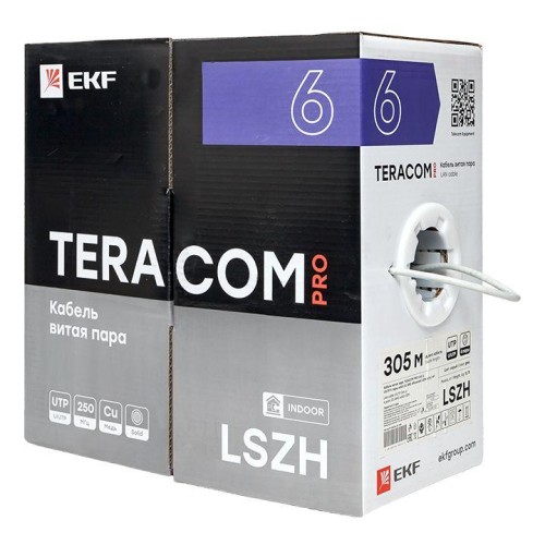 Кабель витая пара U/UTP кат.6 4 пары 23 AWG solid LSZH нг(А)-HF сер. (уп.305м) TERACOM PRO EKF TRP-6UTP-04LSH-GY-IN3