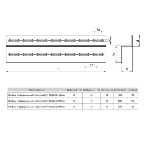 Профиль Z-образный перфорир. 40х60 L1000 2мм К239 INOX EKF ppz4060-1-2-INOX