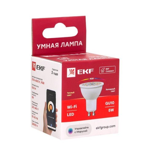 Лампа Умная Connect GU10 5Вт WIFI RGBW EKF slwf-gu10-rgbw